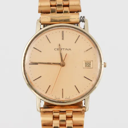 Herrur Certina, diameter ca 33.5 mm, fungerar ej/kronan saknas, metallband,14k.