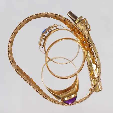 Diverse guld, stenar, gravyr, defekt 18K Vikt: 18,7 g