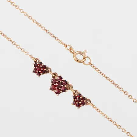 Collier med granater, längd ca 42 cm, bredd 0.8-7.8 mm, gulmetall.