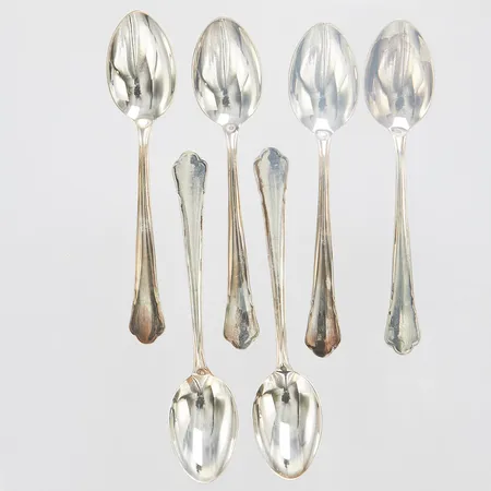 Sex kaffeskedar, längd ca 12cm, Chippendale, 830/1000 silver Vikt: 89,3 g