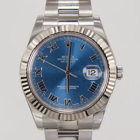 Herrur Rolex Oyster Perpetual Datejust II, stål, vitguldsring, automatisk, datum, Ø 41mm, refnr:116334, serienummer: 126U5652, oysterlänk med viklås, total längd ca 19cm, inga tillbehör