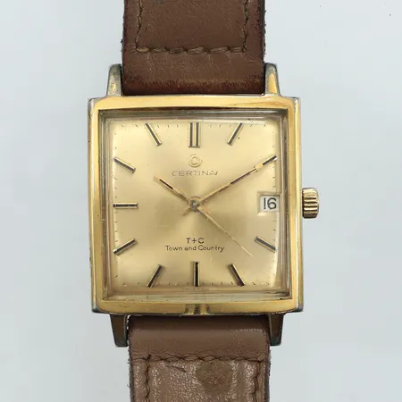 Armbandsur Certina, T + C Town and Country, ca 30mm, datum, manuell, referensnr: 5303 115, serienr: 5263880, guldtonad/ stål, läderband, repig, inga tillbehör. 