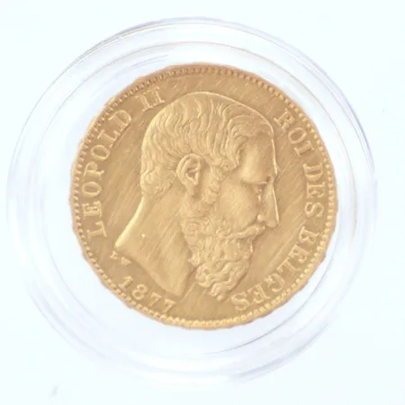 Guldmynt Belgisk 20 francs Leopold ll år 1877 900/1000, Ø21mm Vikt: 6,4 g