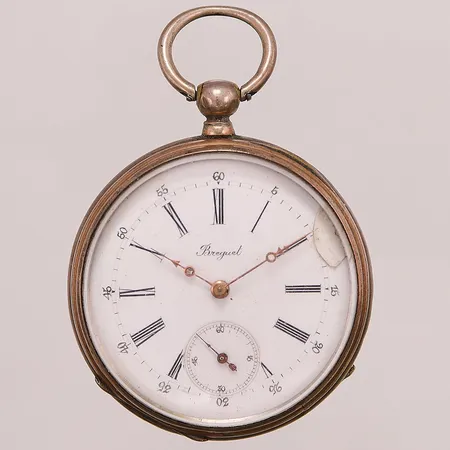 Fickur Breguet, nyckeldragare, 50mm, inneroett i metall, nyckel saknas, skadad urtavla, bucklig, 800/1000 Silver.