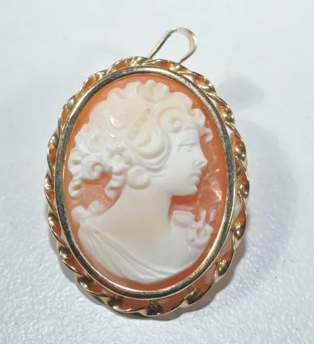 Hänge/brosch camé längd 3cm bredd 2cm, 18k Vikt: 4,9 g