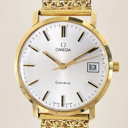 Herrur Omega, 14K, automatisk, Ø34mm, X-länk med stav 18K, datum, plexiglas, längd 19cm, gravyr, etui, brv: 55,8g