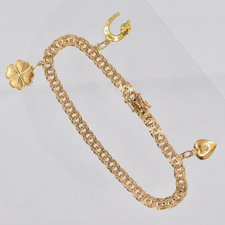 Armband Bismarck, 18,5cm, med 3 berlocker, trögt lås,  18K Vikt: 11,3 g
