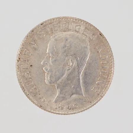 Mynt, 2 kr, Gustaf V, år 1940, 800/1000 silver,  Vikt: 15 g