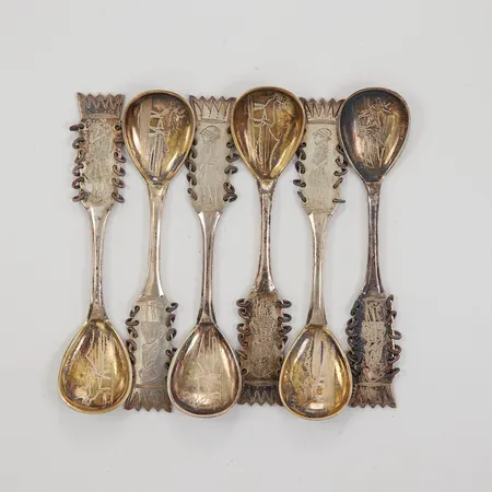 6 Sameskedar, ca 11cm, slitna, K&EC Silver 830/1000  Vikt: 81,9 g