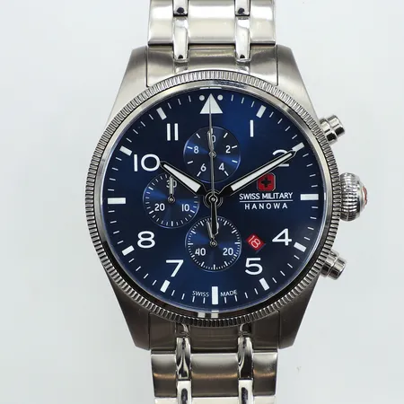 Armbandur Swiss Military, Hanowa, Thunderbolt Chrono, Ø43mm, quart, stål, datum, kronograf, SMWGI0000403, GI00004, extra länkbitar, kvitto från stjärnurmakarna 2025, box