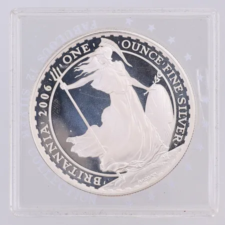 Mynt one oz fine silver, Brittania 2006, Elizabeth II, 2 pounds, 999/1000 silver Vikt: 31,1 g