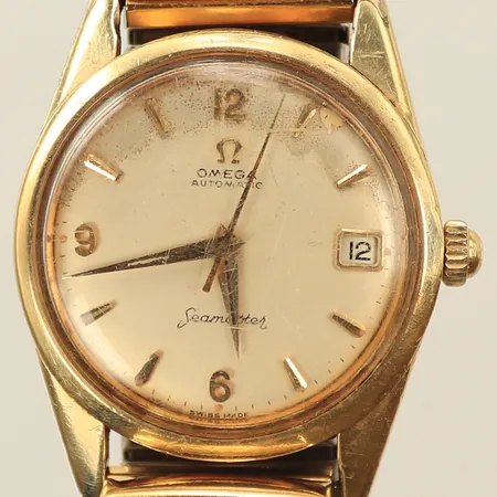 Herrur Omega Seamaster, datum,  automatisk, datum, Ø35mm, flexlänk, repigt plexiglas, inga tillbehör    
