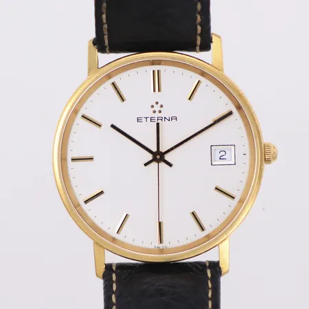 Herrur Eterna, Ø34 mm, 18K, manuell, datum, gravyr år 1992, läderband, batteribyte krävs,  originaletui Vikt: 0 g