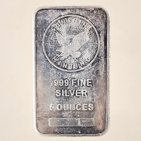 Silvertacka, Sunshine Minting, 6,0x3,5x0,7cm, 5 ounces, silver 999/1000 Vikt: 155,6 g