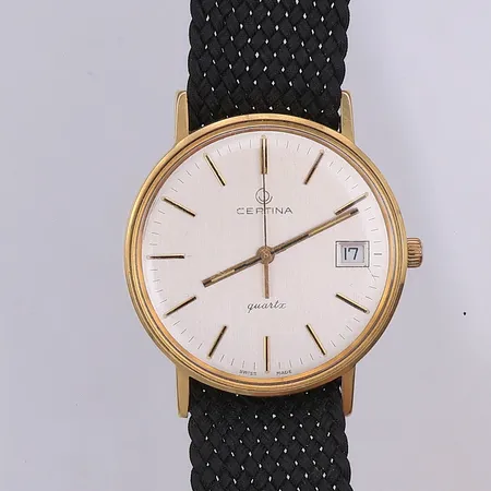 Herrur, Certina, Ø33mm, 14K, quartz, datum, smårepigt glas, svag gravyr, tygband Vikt: 0 g
