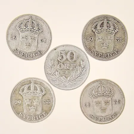 Mynt 5st, 50öre, Sverige, Ø22mm, 1931-1939, silver 600/1000 Vikt: 24,7 g