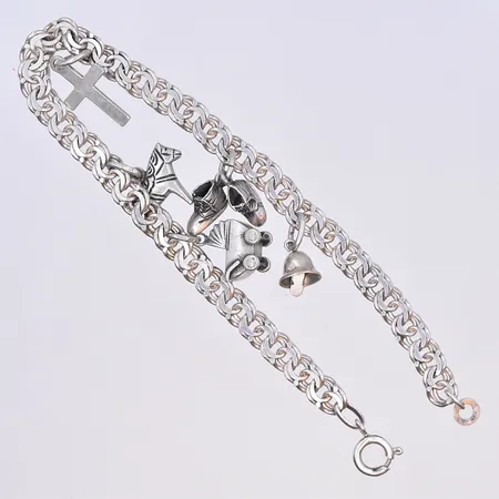 Armband Bismarck med berlocker, längd 19,5 cm, bredd länk 5 mm, silver 830/1000. Vikt: 13,3 g