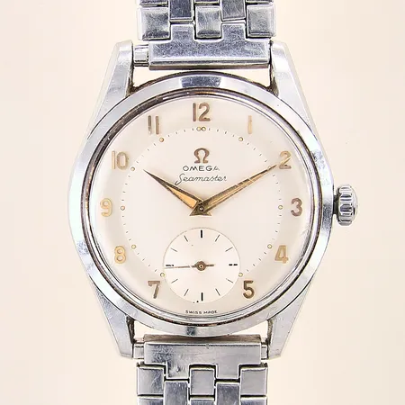 Herrur Omega Seamaster, stål, manuell, boett-nr: 2937-3, kaliber: 267, verk-nr: 15754162, Ø35mm, öppningsbart flexband ej original med slitage, repigt glas, smuts, boett samt länk med repor, inga tillbehör
