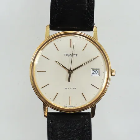 Armbandsur Tissot, Seastar, Ø34mm, datum, quartz, boett i 18K, läderband, gravyr, repig, inga tillbehör.  Vikt: 0 g
