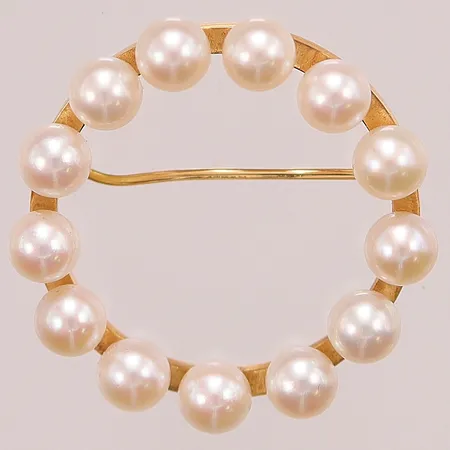 Brosch, 34mm, odlade sötvattenspärlor, 18K 10,2g.