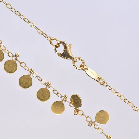 Kedja, längd 55,5 cm, bredd länk 1 mm, 22K. Vikt: 5 g