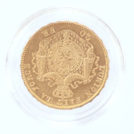 Guldmynt Belgisk 20 francs Leopold ll år 1877 900/1000, Ø21mm Vikt: 6,4 g