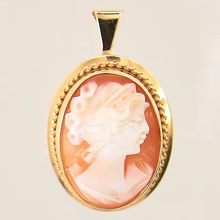 Hänge/Brosch med camé, längd: 29mm, bredd: 3,2-18,3mm, 18K  Vikt: 4,7 g