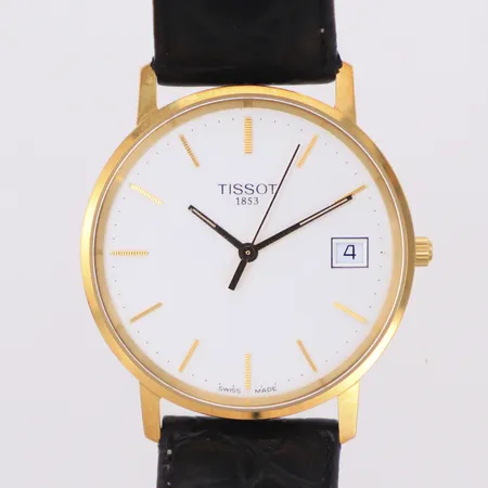 Herrur Tissot, quartz, datum, Ø33mm, 18K, originalband i läder, gravyr SJ, batteribyte krävs, originalbox Vikt: 0 g