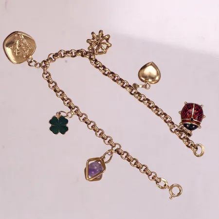 Armband Ärtlänk med sex berlocker, längd 17,5cm, bredd 4mm, 18K Vikt: 10,7 g
