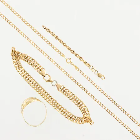 En kedja, ett armband, 1 ring, en del av kedja, samtliga med defekter, 14K Vikt: 9,7 g