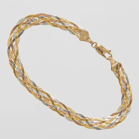 Armband, flätat, längd: 18,8cm, bredd: 6mm, italienska stämplar, trefärgat, 9K Vikt: 3 g