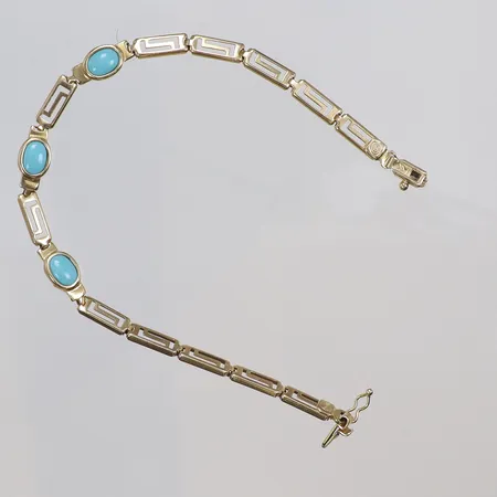 Armband med meandermönster och turkosa stenar, 19cm, bredd 4mm, 14K Vikt: 5,9 g