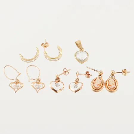 Diverse hängen och örhängen, slitage/defekta, några med stenar/camér, 18k. Vikt: 5,6 g