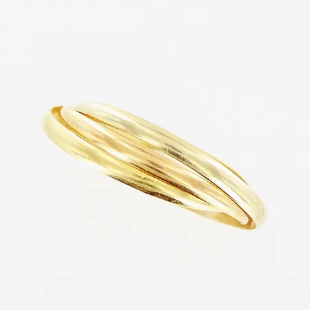 Ring, 3 sammansatta skenor, stl 17¾, röd/vit/gulguld, skeva skenor, 18K Vikt: 1,9 g