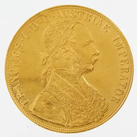 Mynt, 4 Dukat, Franz Joseph, 1915, Ø39,5mm, guld 986/1000 Vikt: 13,8 g