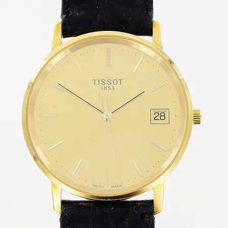 Herrur Tissot, 18K, quartz, Ø34mm, guldfärgad urtavla, datum, sekundvisare, original läderband 24cm, bruttovikt 30,7g, box.