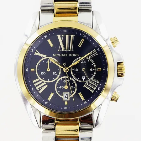Armbandsur Michael Kors, stål/gulmetall, quartz, Ø43mm, blå urtavla, MK_5976, serie nr 252106, kronograf, datum, sekundvisare, originallänk 17cm, i behov av batteribyte, smärre nagg och repor på glas, inga tillbehör.
