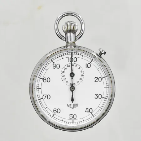 Stoppur, Heuer, boett Ø51 mm, manuell, kronograf med minuträknare, stål, fungerade vid testtillfället, inga tillbehör.