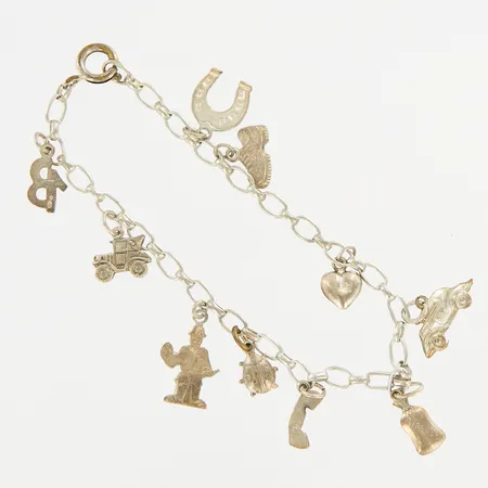 Armband med 10 berlocker, 19,5cm, länkens bredd: 3,5mm, silver 835/1000  Vikt: 7,9 g