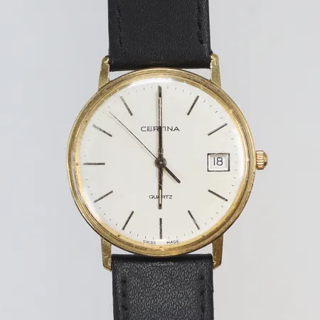 Herrur Certina, 18K i boett, quartz, datum, Ø36mm, läderband, i original-etui, bruttovikt 28g