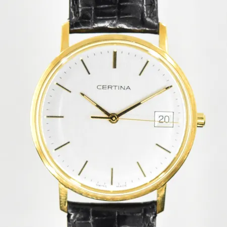 Herrur Certina 18K, boett Ø34 mm, quartz, datum, EOL 115.9299.68, läderband, graverad bakboett, behov av batteribyte, inga tillbehör, bruttovikt 32,3g