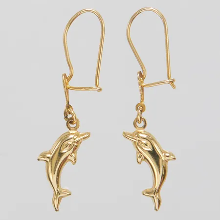 Örhängen, delfiner, längd: 41,5mm, skeva krokar, ostämplade, 14K Vikt: 2 g