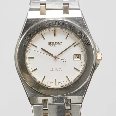 Herrur Seiko A.G.S, stål, quartz, 38mm, boettnr: 7M22-6A60, snr: 8N0178, datum, kort stållänk, viklås, 