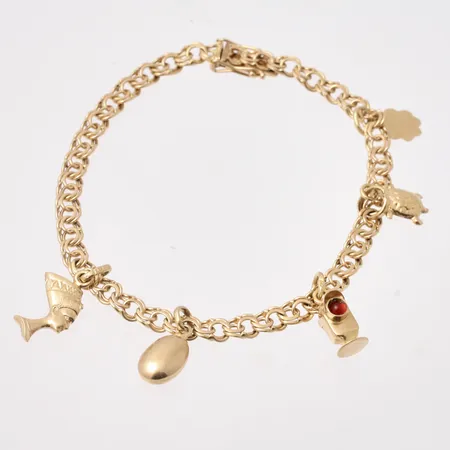 Armband i 18K guld, 19cm, Bismarck, bredd 4,6mm, 5st berlocker, vikt 11,46g.
