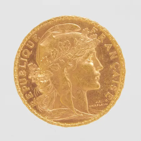 Mynt, Republique Francaise, 20 Francs, år 1904, Ø 21mm, 900/1000, 21,6K Vikt: 6,4 g