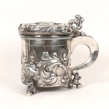 Stop med lock, Axel Salomonsen, infällt mynt med Gustaf III, gravyr, Silver 1179,4g 