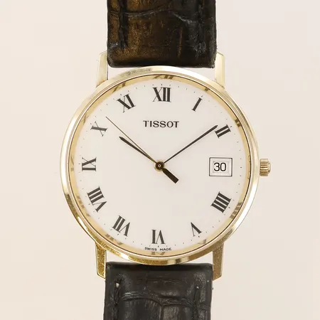 Herrur Tissot, guld, quartz, Ø33mm, batteribyte krävs, slitet band, 14K i ur. Vikt: 0 g