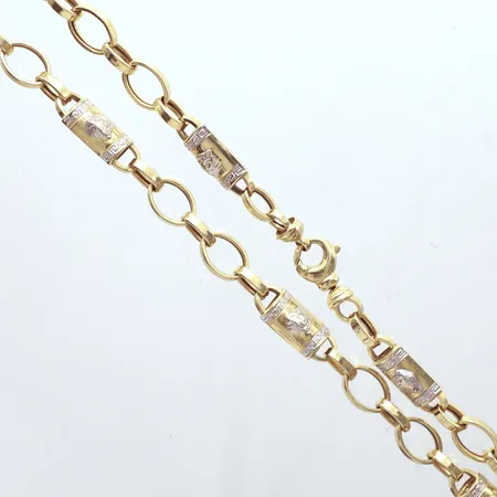 Collier tvåfärgat, längd 65cm, bredd 11mm, några små bucklor, 14K Vikt: 34,5 g