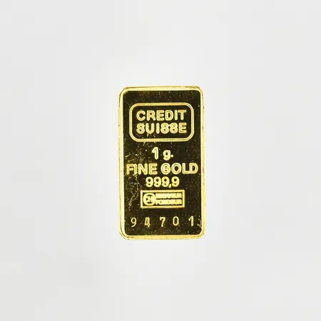 Guldtacka Credit Suisse, stl 15x8 mm, nr 94701, 999/1000, 24K. Vikt: 1 g