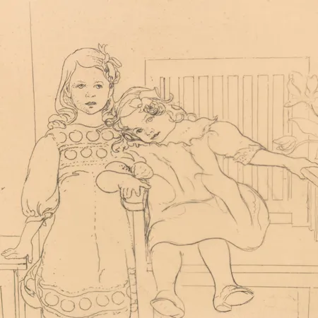 Tavla,etsning Carl Larsson "två systrar", år 1909 (smärre vikskada i vänster hörn samt gulnad), ca 25x20cm  Vikt: 0 g Specialfrakt, kontakta pantbankskontoret för mer information.